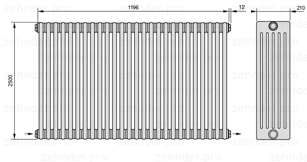 Схема (чертеж) Радиатор Zehnder Charleston 6250/26 №2670 Белый глянцевый RAL 9016